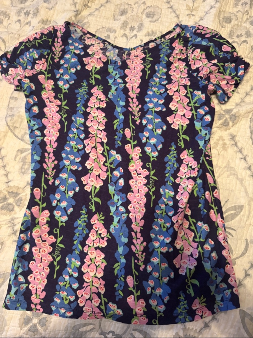 Lilly Pulitzer Foxy Foxglove Navy Tee with Pink and Blue Floral Foxgloves